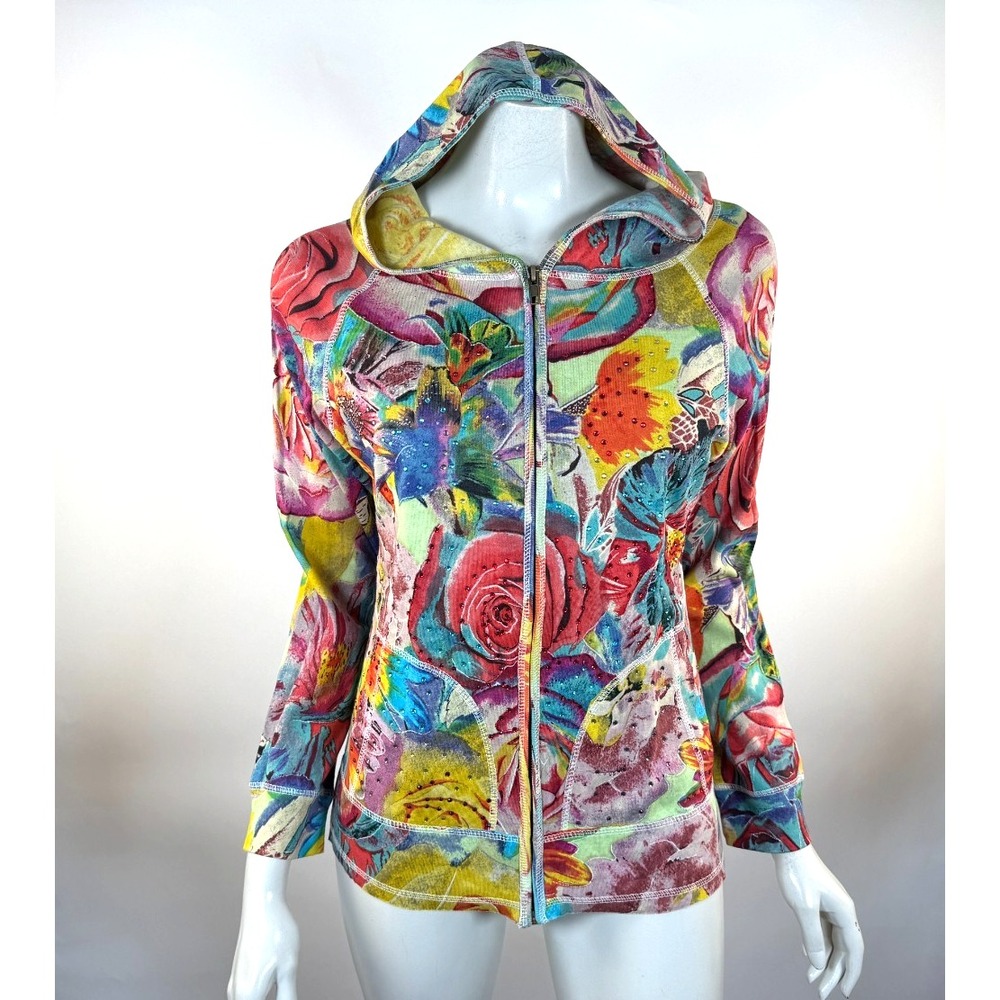 Ash & Sara Floral Hoodie Jacket Women L NWT Full Zip Long Sleeve Cotton Bold